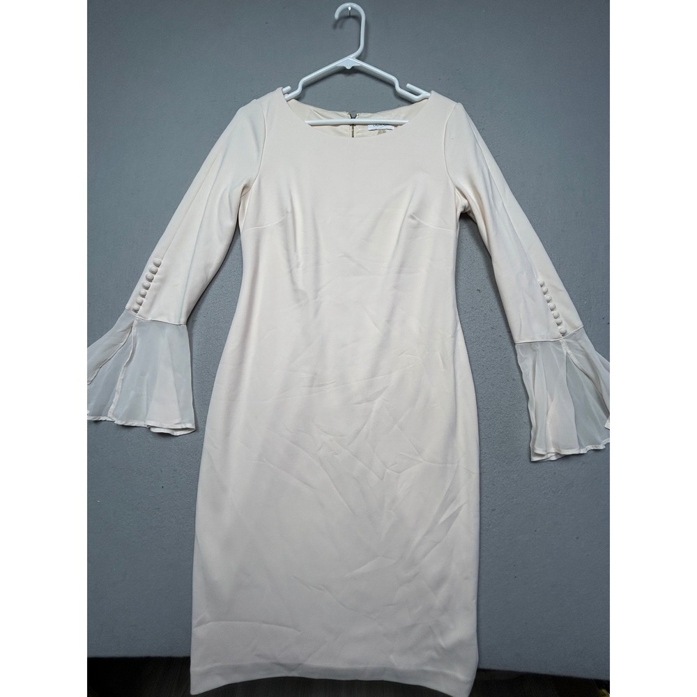 Calvin Klein Sheath Dress Crepe Chiffon Bell Sleeve Cream Size 10 Womens